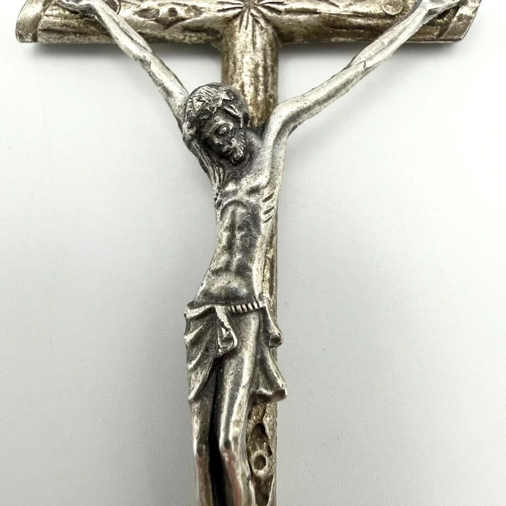 Vintage Italy Silver Tone Bark Large Jesus Crucifix Pendant INRI 4 Inch Goth
